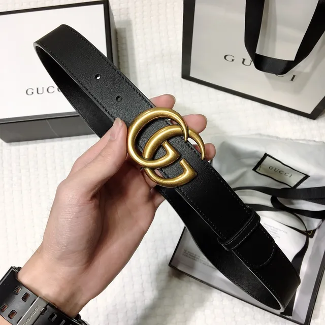 Gucci GG Marmont Ceinture Noir Doré Interlocking Double G Buckle Cuir Lisse 6