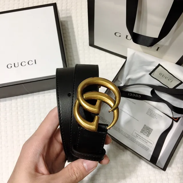 Gucci GG Marmont Ceinture Noir Doré Interlocking Double G Buckle Cuir Lisse 8