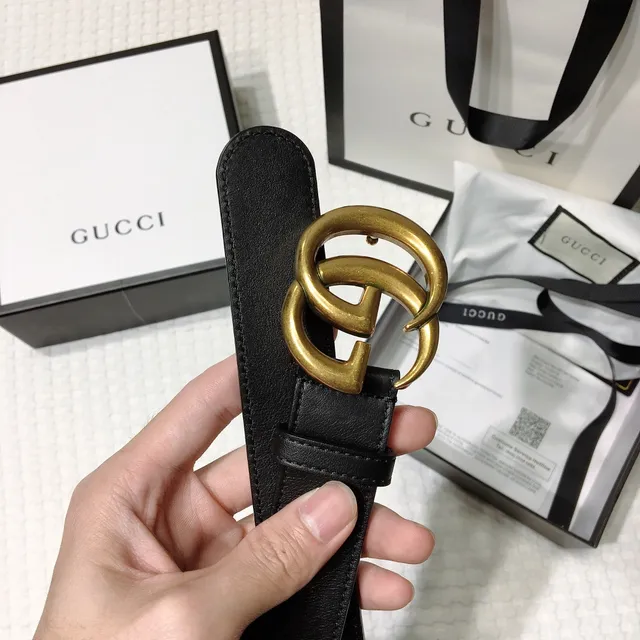Gucci GG Marmont Ceinture Noir Doré Interlocking Double G Buckle Cuir Lisse 9