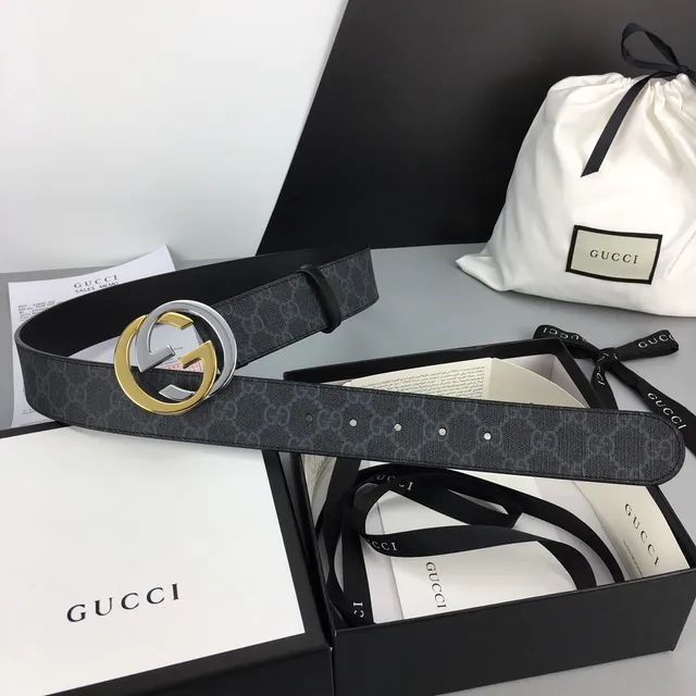 Gucci GG Marmont Black Gold Supreme Canvas Interlocking G Buckle Leather Belt 2