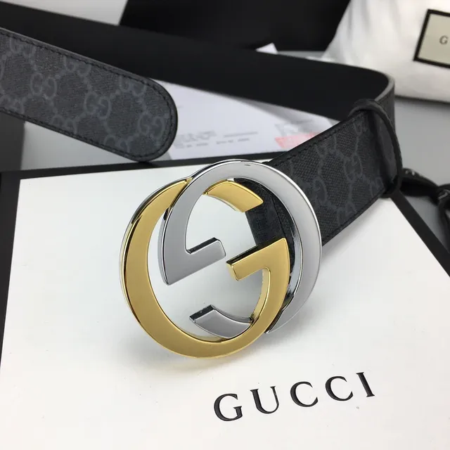 Gucci GG Marmont Black Gold Supreme Canvas Interlocking G Buckle Leather Belt 3