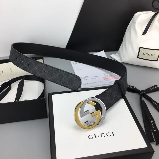 Gucci GG Marmont Black Gold Supreme Canvas Interlocking G Buckle Leather Belt 4