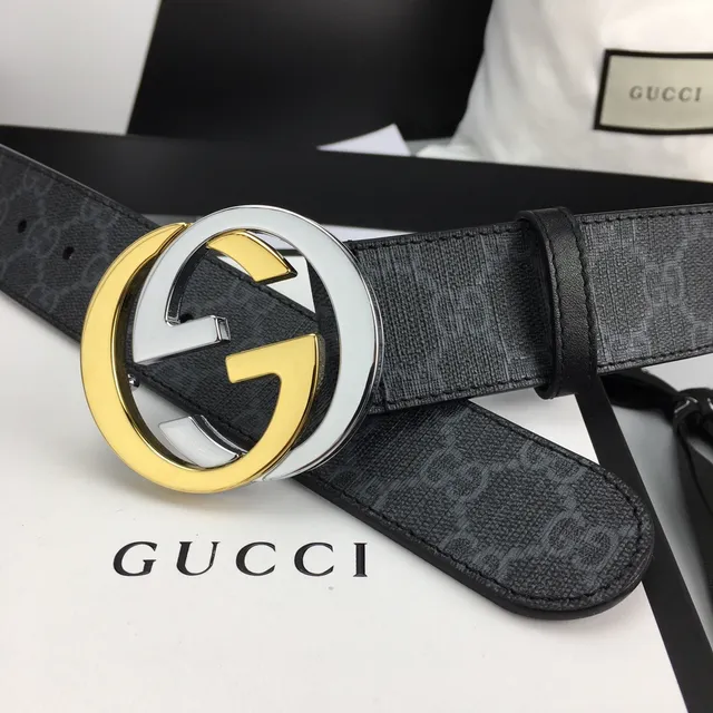 Gucci GG Marmont Black Gold Supreme Canvas Interlocking G Buckle Leather Belt 5