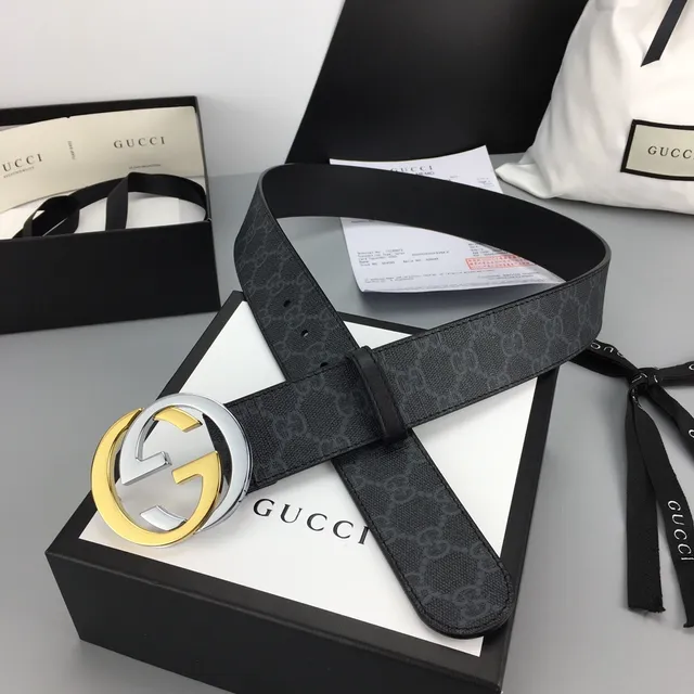 Gucci GG Marmont Black Gold Supreme Canvas Interlocking G Buckle Leather Belt 6