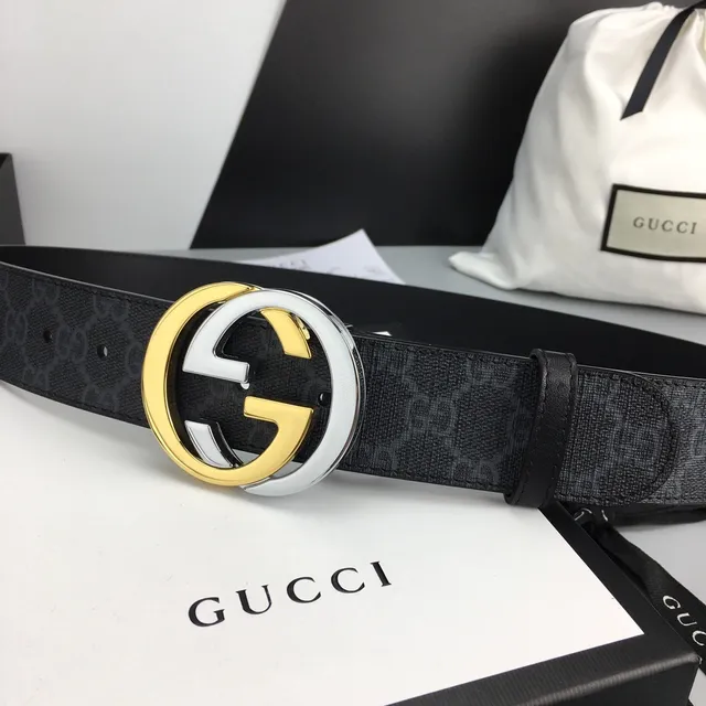 Gucci GG Marmont Black Gold Supreme Canvas Interlocking G Buckle Leather Belt 9