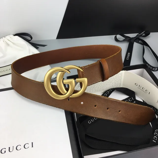 Gucci GG Marmont Brown Gold Interlocking G Buckle Smooth Leather Belt 2