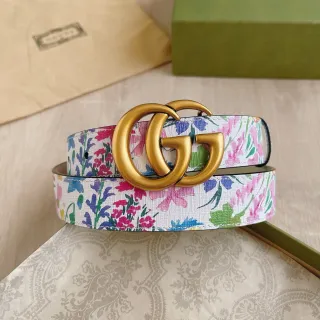 Gucci GG Marmont Floral-Print White Leather Belt