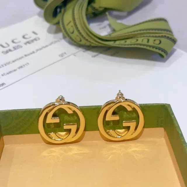 Gucci GG Marmont Gold Green Interlocking Double-G Logo Circular Stud Earrings 3