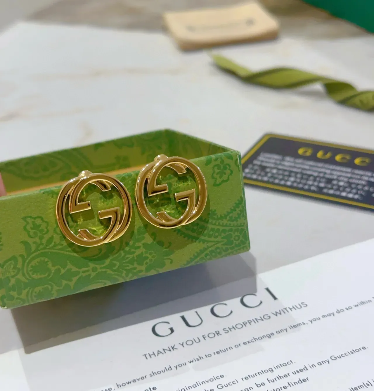 Gucci GG Marmont Gold Green Interlocking Double-G Logo Circular Stud Earrings 5