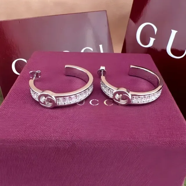 Gucci GG Marmont Interlocking G Baguette Stone Hoop Earrings 4