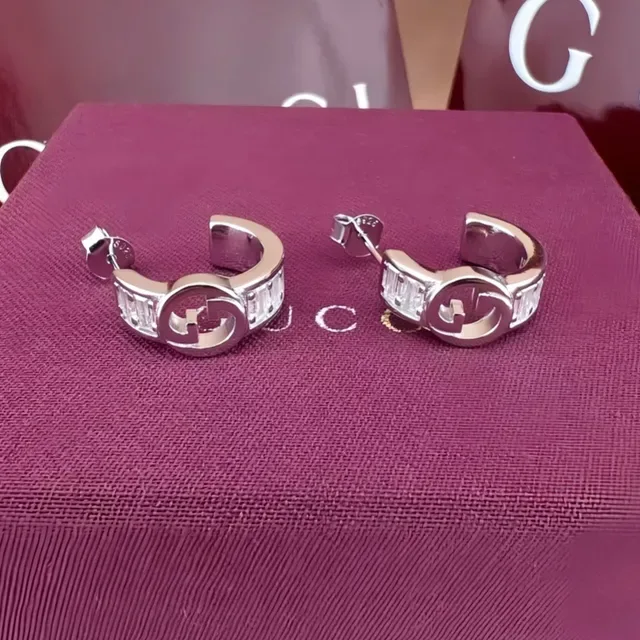 Gucci GG Marmont Interlocking G Baguette Stone Hoop Earrings 5