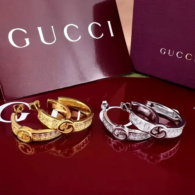 Gucci GG Marmont Interlocking G Baguette Stone Hoop Earrings 6