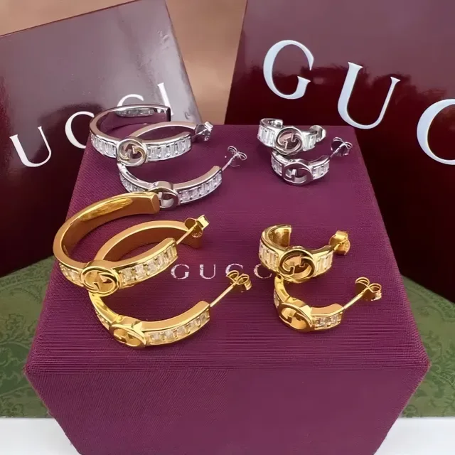 Gucci GG Marmont Interlocking G Baguette Stone Hoop Earrings 7