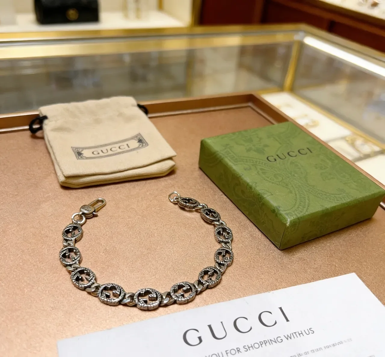 Gucci GG Marmont Oxidized Silver Interlocking G Chain Bracelet 2
