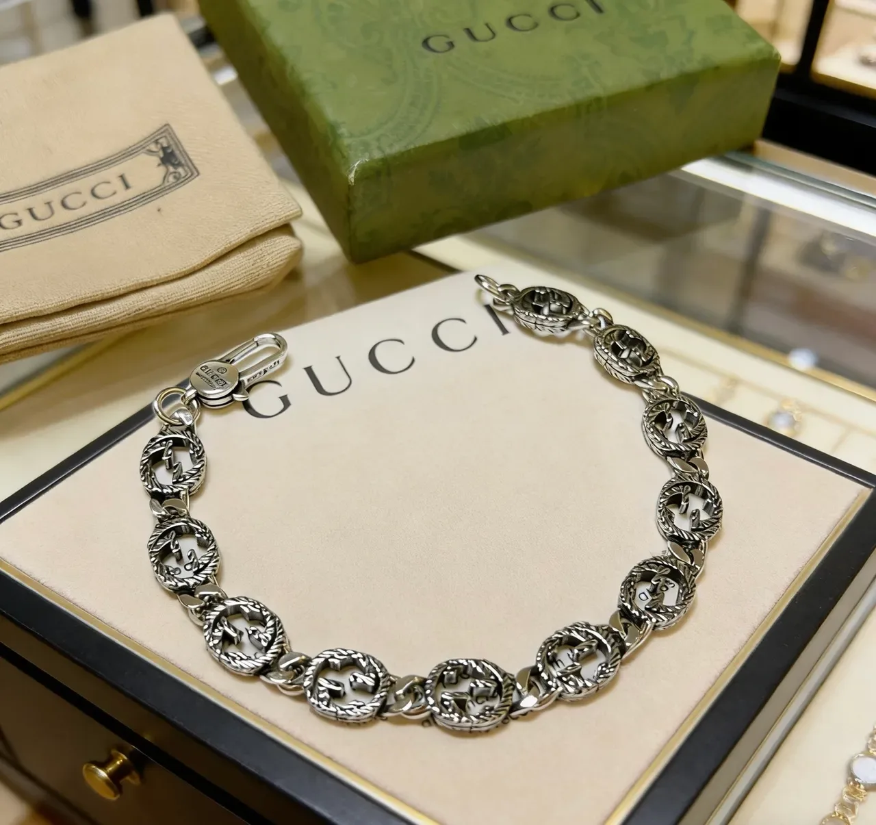 Gucci GG Marmont Oxidized Silver Interlocking G Chain Bracelet 3