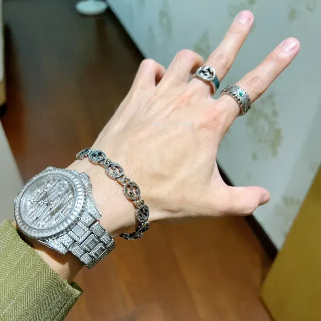 Gucci GG Marmont Oxidized Silver Interlocking G Chain Bracelet 5