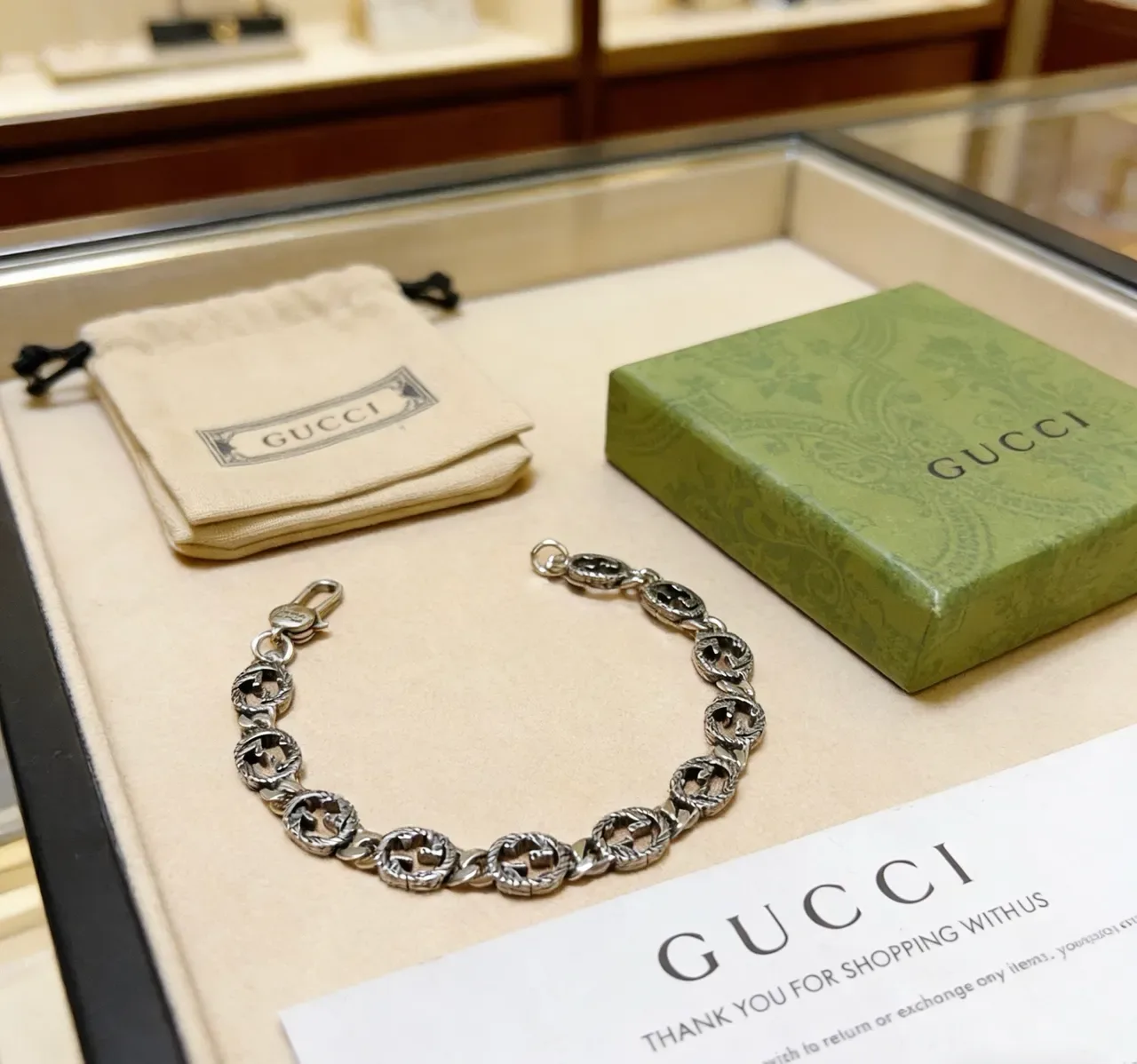 Gucci GG Marmont Oxidized Silver Interlocking G Chain Bracelet 7