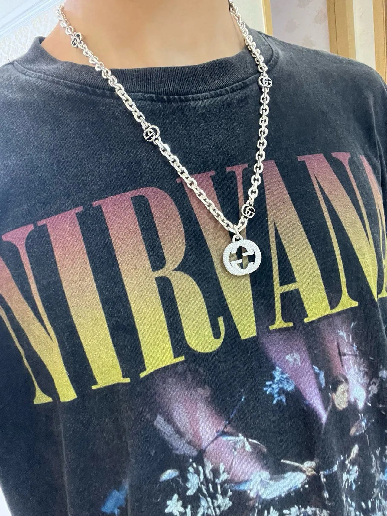 Gucci GG Marmont Pavé Crystal and Black Enamel Necklace 2