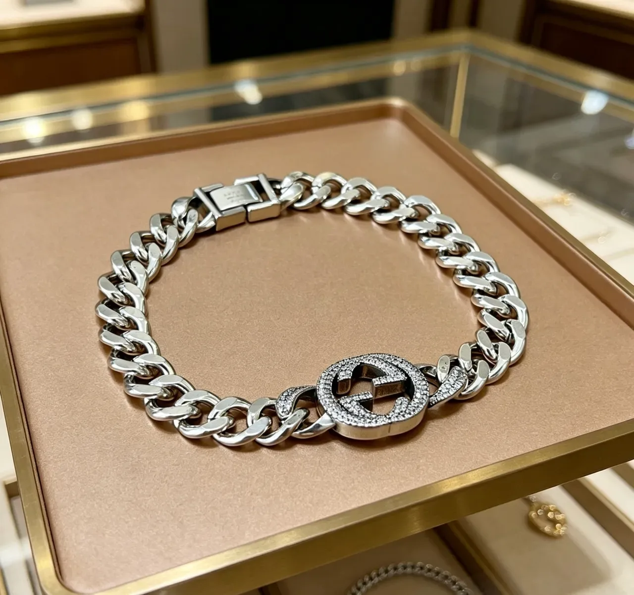 Gucci GG Marmont Pavé Crystal Double G Curb Chain Bracelet 2