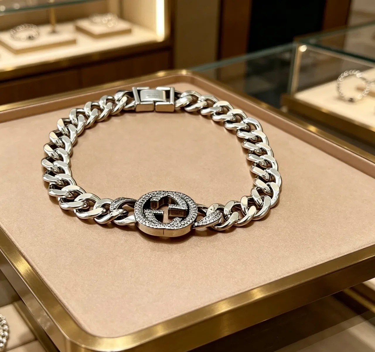 Gucci GG Marmont Pavé Crystal Double G Curb Chain Bracelet 5