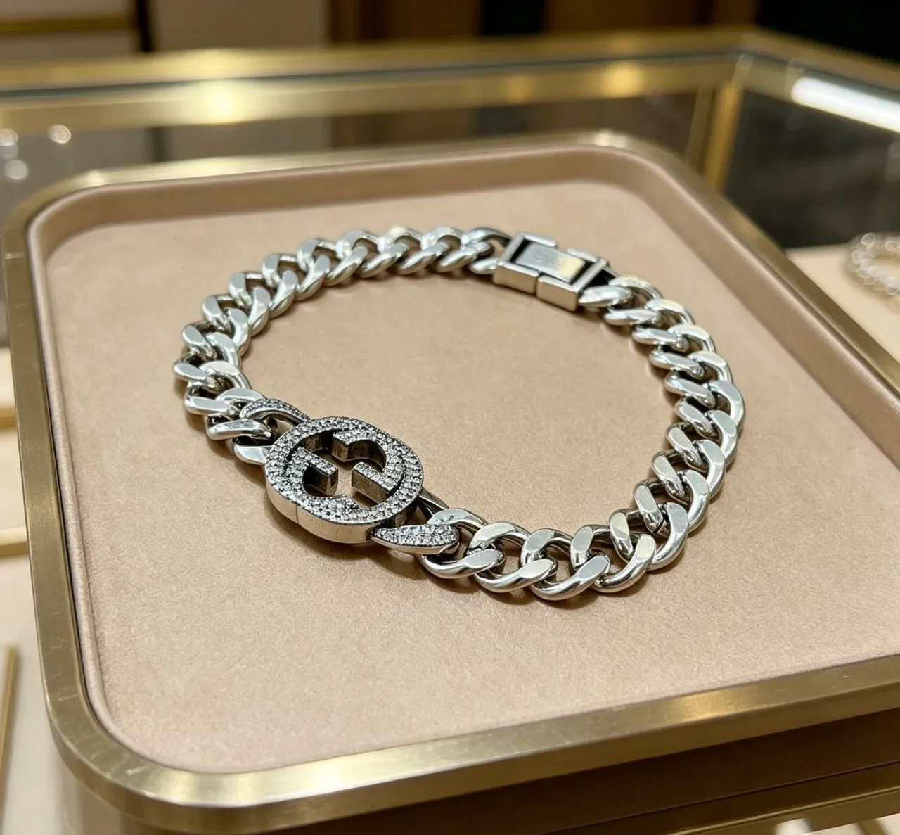 Gucci GG Marmont Pavé Crystal Double G Curb Chain Bracelet 6