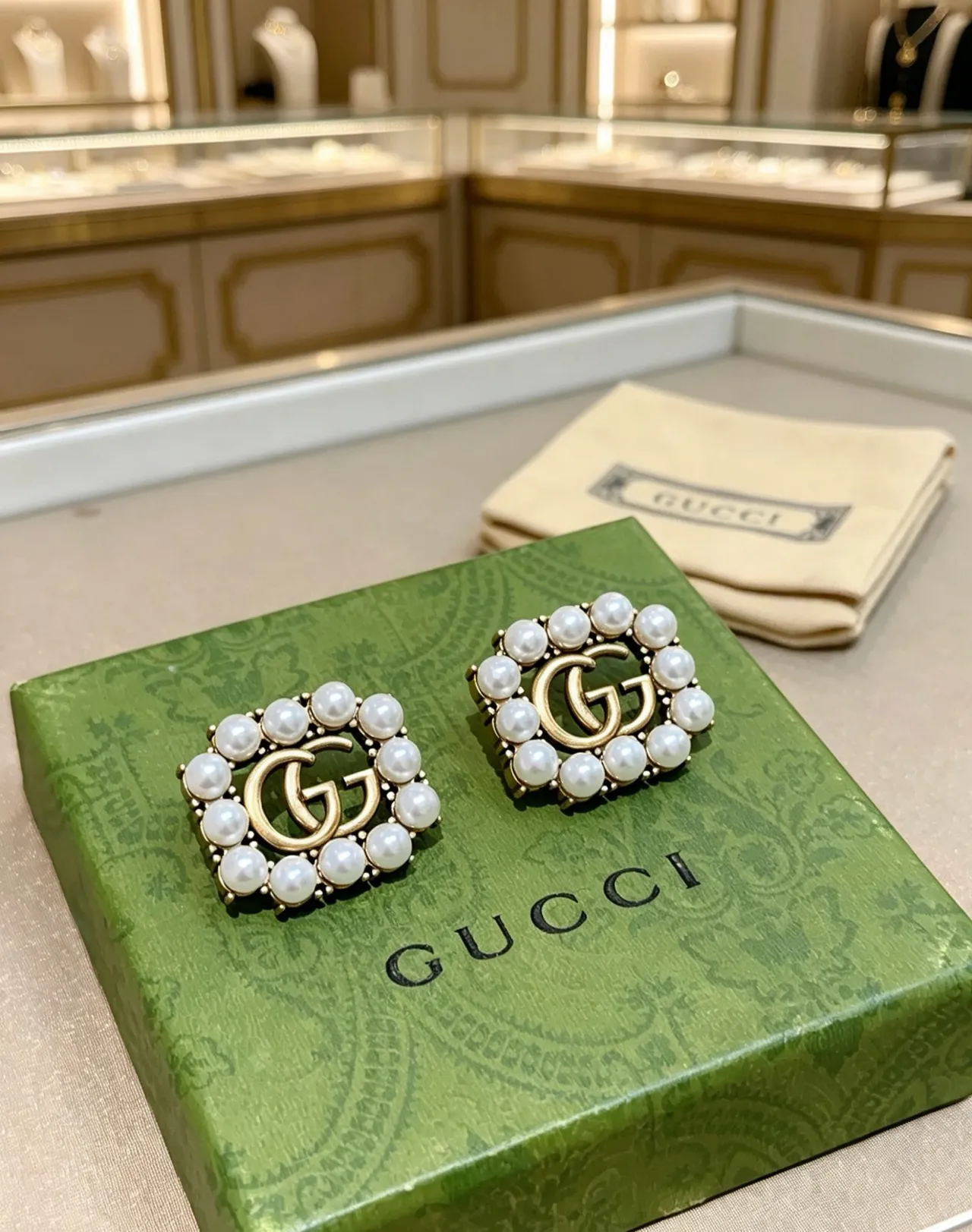 Gucci GG Marmont Pearl-Encrusted Square Stud Earrings 3
