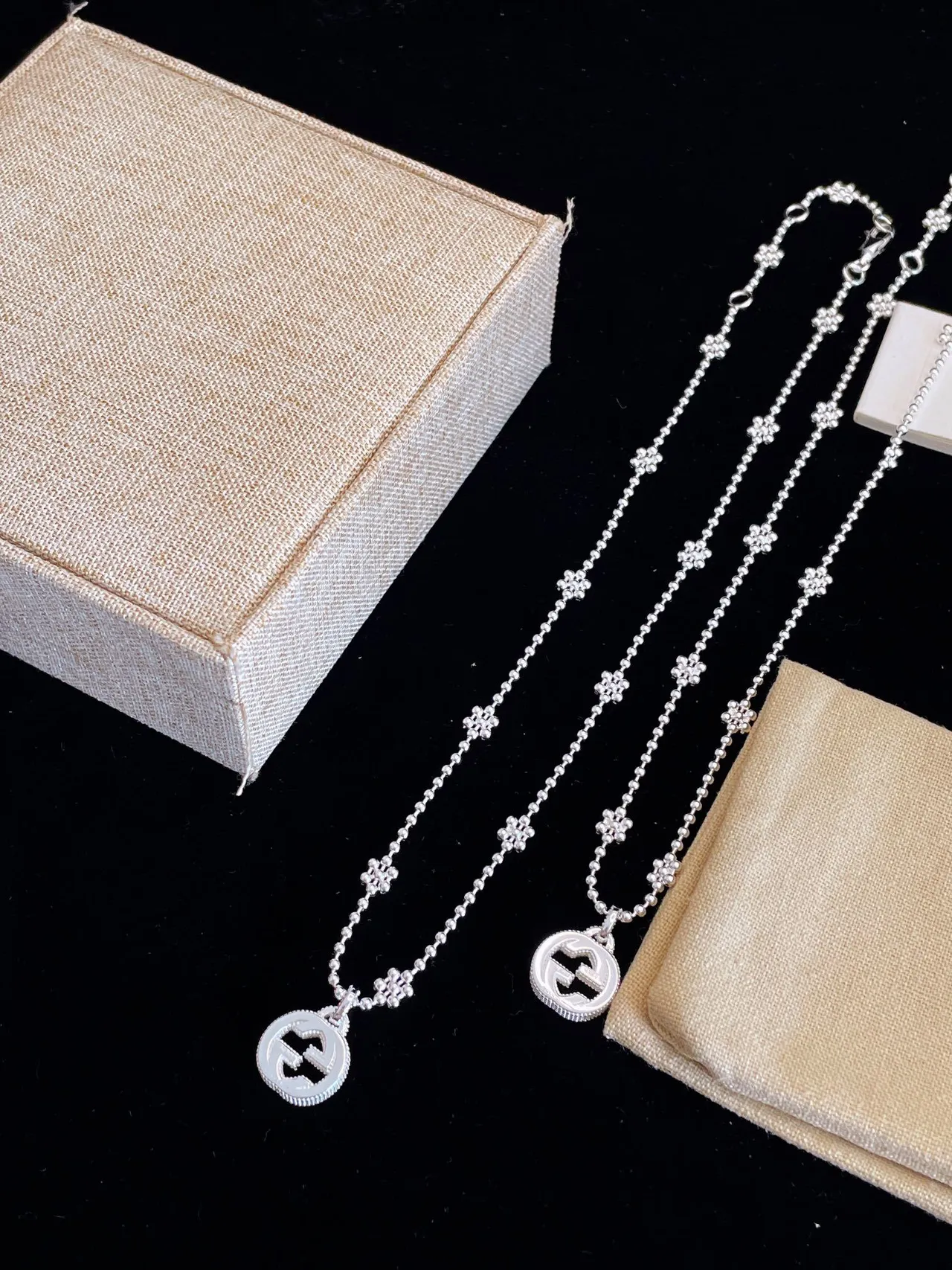 Gucci GG Marmont Silver Beige Ball Chain Floral Bead Accents Necklace 6