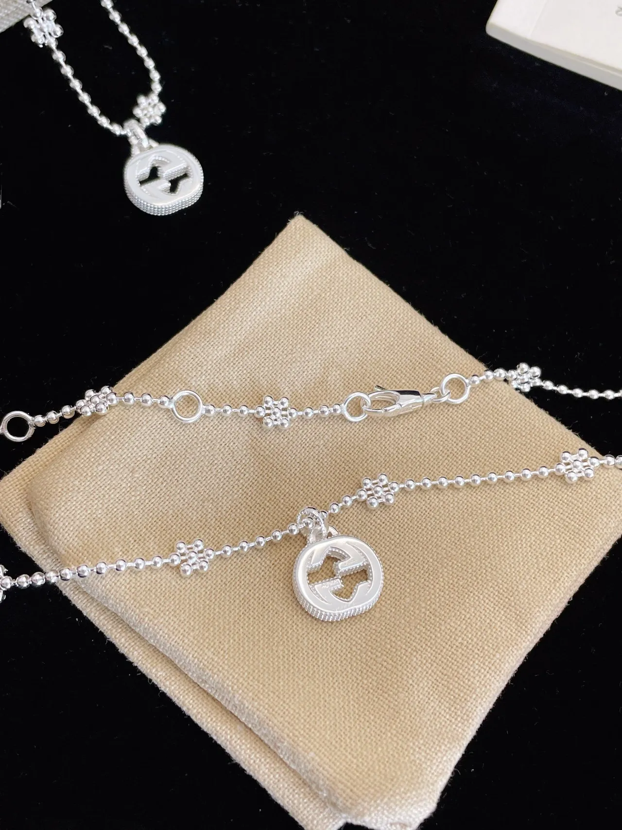 Gucci GG Marmont Silver Beige Ball Chain Floral Bead Accents Necklace 4