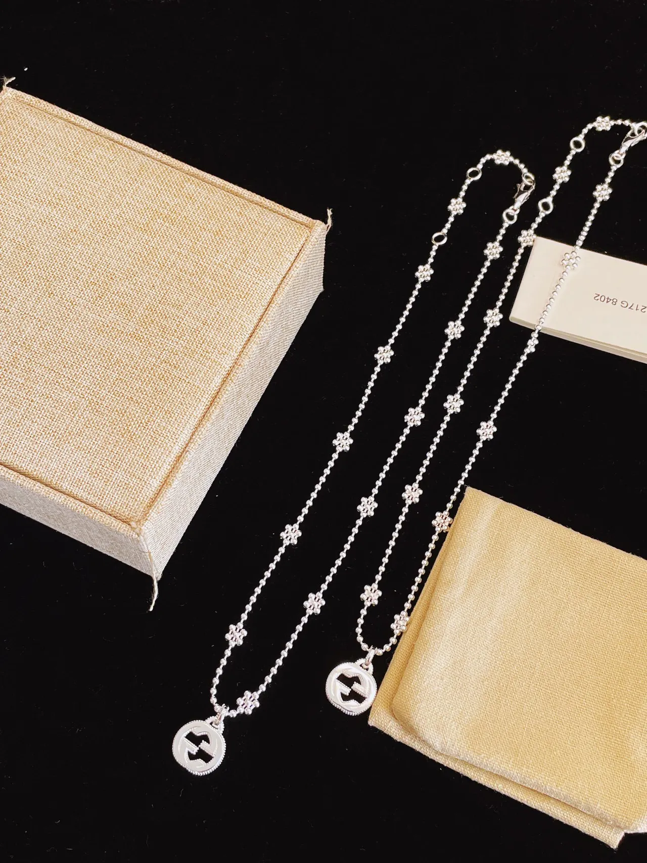 Gucci GG Marmont Silver Beige Ball Chain Floral Bead Accents Necklace 5