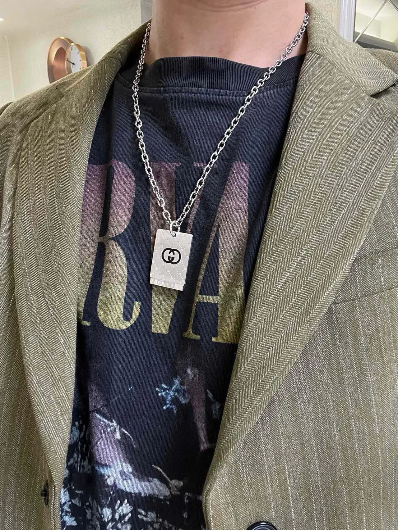 Gucci GG Marmont Silver Black Chain Rectangular Pendant Necklace 5