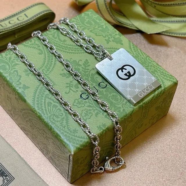 Gucci GG Marmont Silver Black Chain Rectangular Pendant Necklace 7