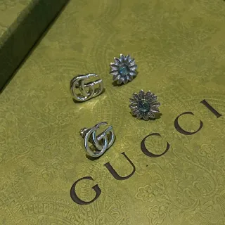 Gucci GG Marmont Silver Blue Interlocking G Logo Sunflower Motif Earrings
