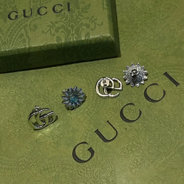 Gucci GG Marmont Silver Blue Interlocking G Logo Sunflower Motif Earrings 4