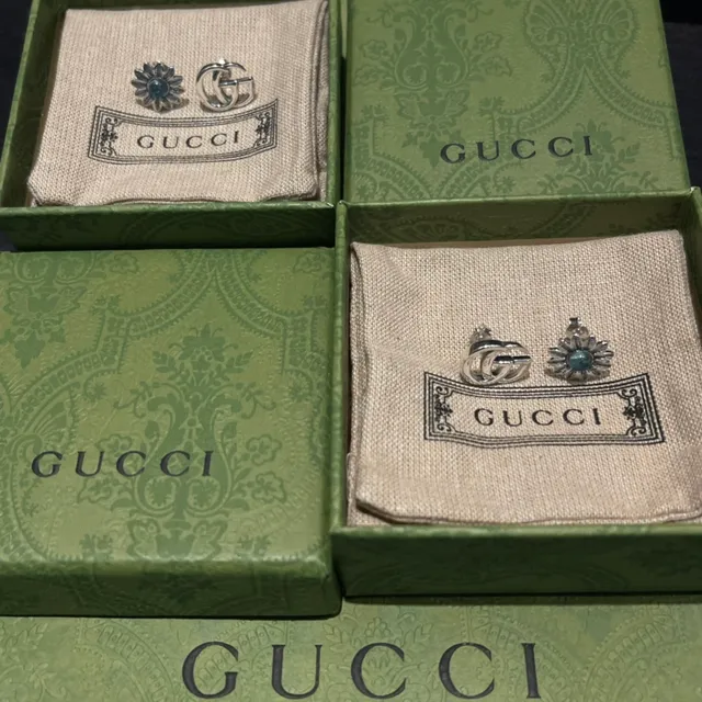 Gucci GG Marmont Silver Blue Interlocking G Logo Sunflower Motif Earrings 6