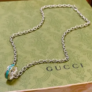 Gucci GG Marmont Silver Blue Link Chain Rotating Double-Ring Pendant Necklace