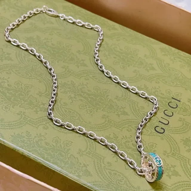 Gucci GG Marmont Corrente de elos prata azul pingente duplo aro giratório 6