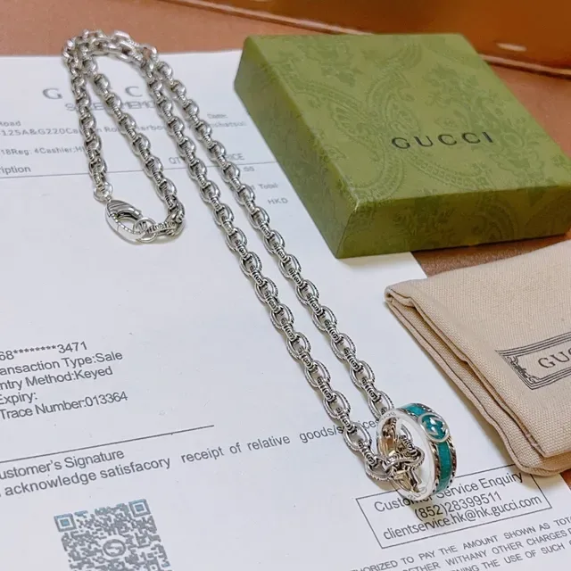 Gucci GG Marmont Corrente de elos prata azul pingente duplo aro giratório 7