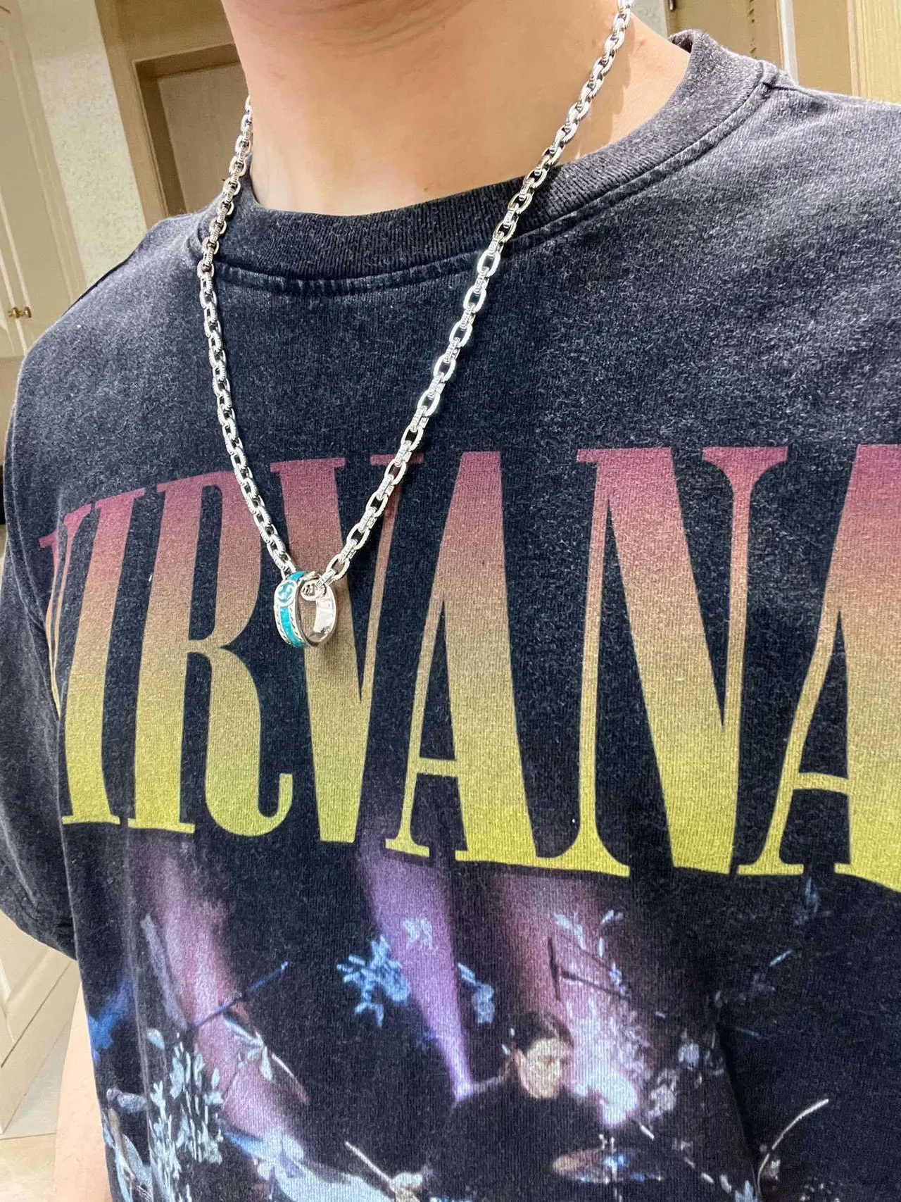 Gucci GG Marmont Corrente de elos prata azul pingente duplo aro giratório 8