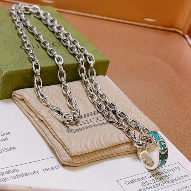 Gucci GG Marmont Corrente de elos prata azul pingente duplo aro giratório 9
