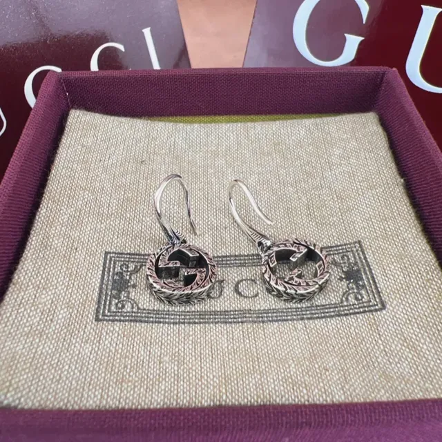 Gucci GG Marmont Silver Gold Interlocking Logo Ornate Engraved Border Earrings 7