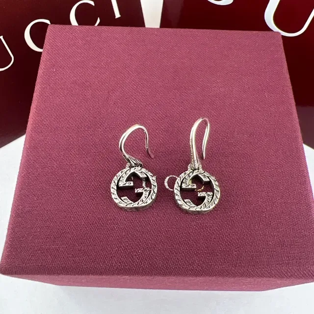 Gucci GG Marmont Silver Gold Interlocking Logo Ornate Engraved Border Earrings 8