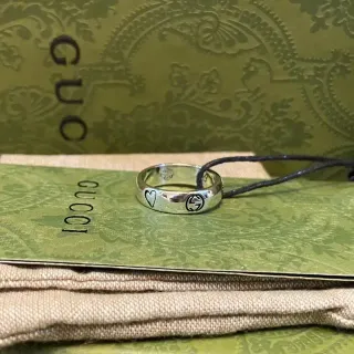 Gucci GG Marmont Silver Green Engraved Heart Motif Interlocking G Logo Ring
