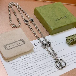 Gucci GG Marmont Silver Green Interlocking Double-G Charms Twisted-Link Chain Necklace