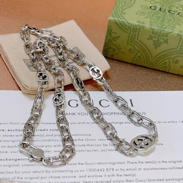 Gucci GG Marmont Silver Green Interlocking G Medallions Textured Link Chain Necklace 6