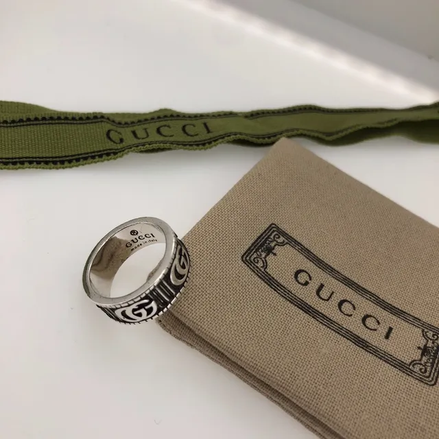 Gucci GG Marmont Silver Green Wide Band Interlocking G Motif Ring 3