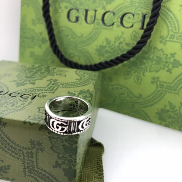 Gucci GG Marmont Silver Green Wide Band Interlocking G Motif Ring 4