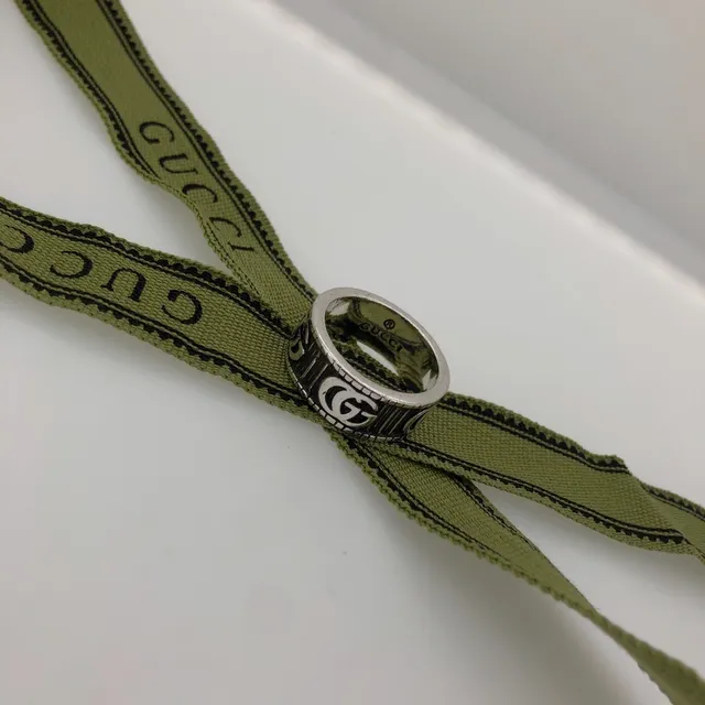 Gucci GG Marmont Silver Green Wide Band Interlocking G Motif Ring 5