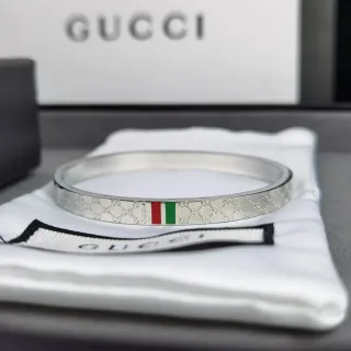 Gucci GG Marmont Silver Red Engraved Monogram Italian Flag Stripe Bracelet