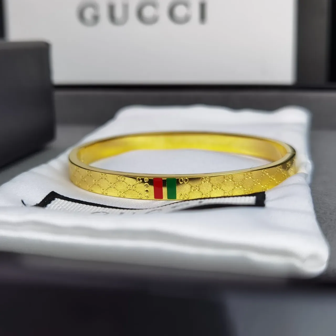 Gucci GG Marmont Silver Red Engraved Monogram Italian Flag Stripe Bracelet 3