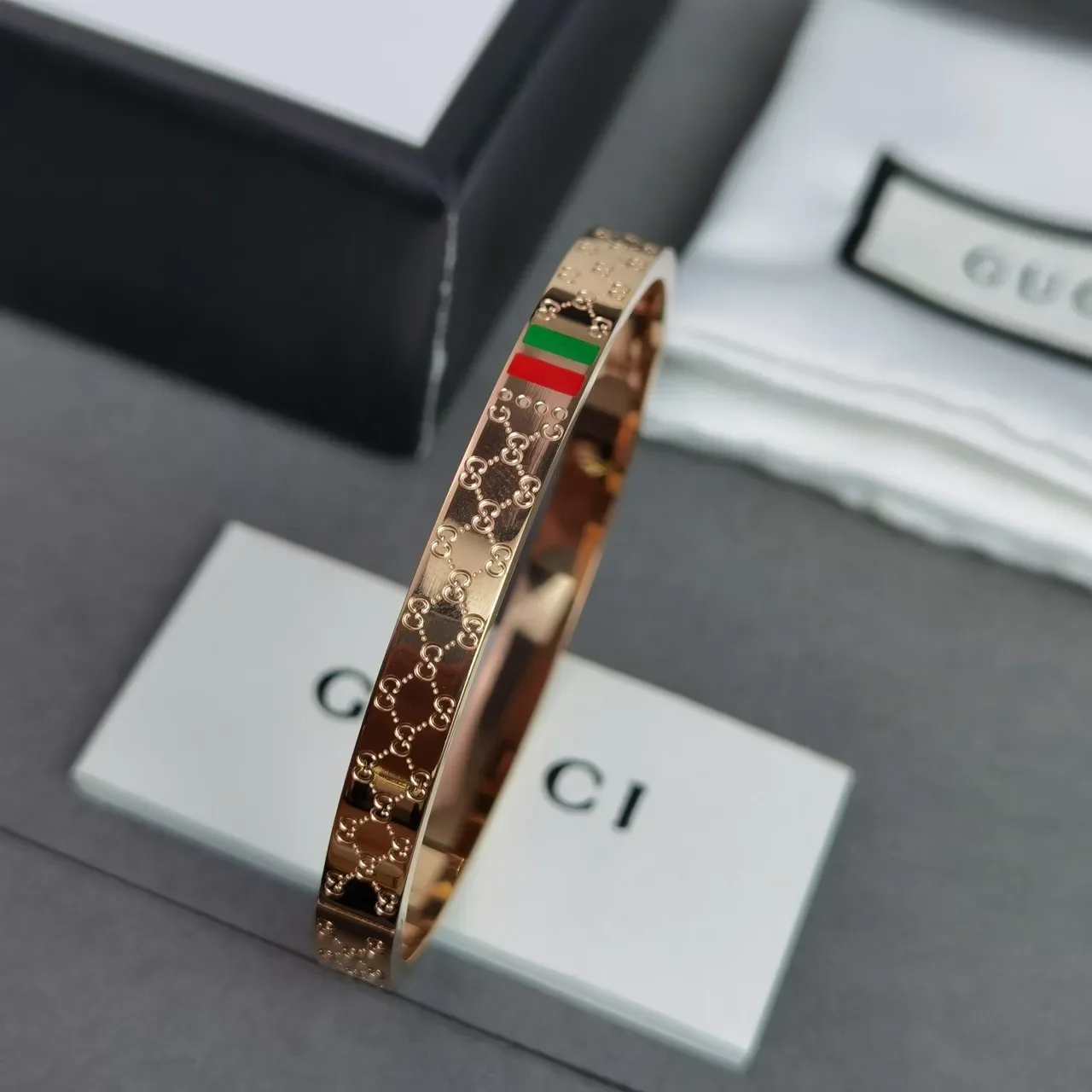 Gucci GG Marmont Silver Red Engraved Monogram Italian Flag Stripe Bracelet 4